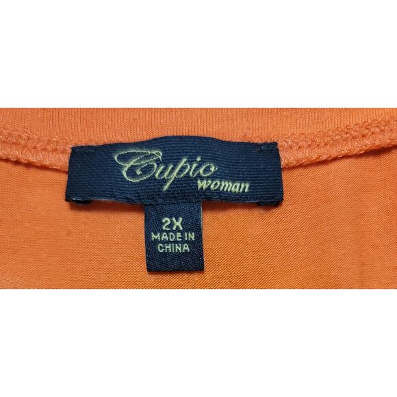 Cupio Woman Orange Round Neck Top 2X Flowy Lightweight Stretchy Roll Tab Sleeves - Picture 4 of 5